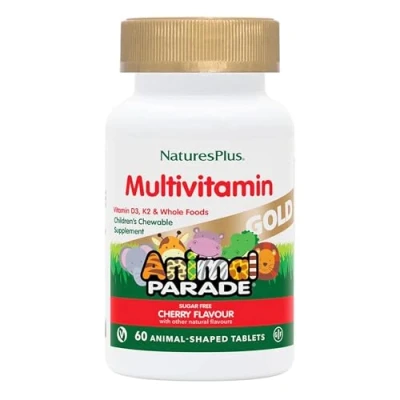 Image of NaturesPlus Animal Parade Gold Children’s Multivitamin All Natural, Cherry Flavour, Fun Shaped Chewable Tablets Vegan, Gluten Free 60