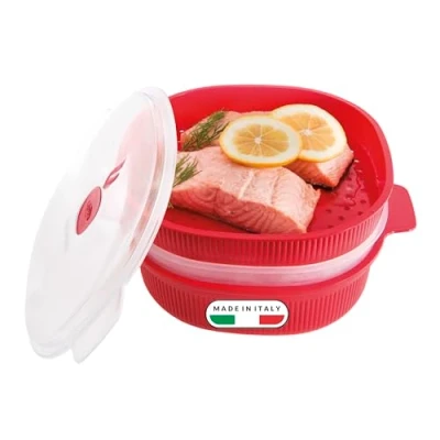 Image of Snips, Microwave Steam Cooker 4 liters, with 2 Trays, Container Red 26.5 x 22 13.5 cm, Quick Cooking, BPA Free, Made in Italy.
