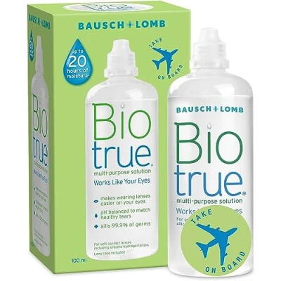 Image of Biotrue Multi Purpose Travel Contact Lens Solution, 100 ml Flight Pack, Cushions and Rehydrates Soft Lenses Comfortable Wear Condition, Clean, Remove Protein, Disinfect Rinse