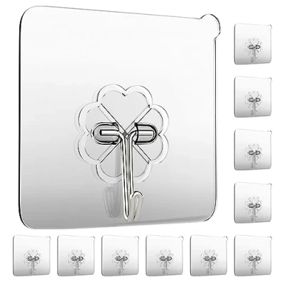 Image of GEPUTING Wall Hooks 15kg(MAX) Heavy Duty Self Adhesive 10 Pack,Waterproof and Oilproof,Transparent Reusable Seamless Strong,Suitable for Bathroom Kitchen