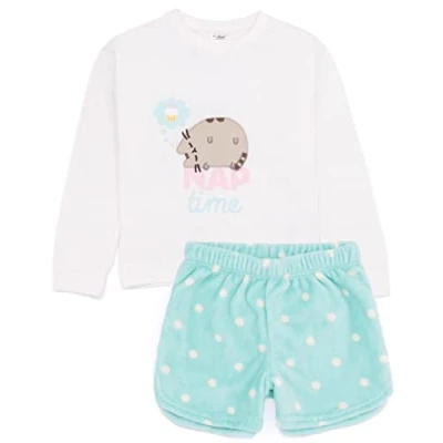 Image of Pusheen Girls Pyjama Set White &amp; Blue Loungewear T Shirt Pants PJ Bundle for Kids Cat Nap Time Long Sleeve Tee with Warm Cosy Fluffy Fleece Shorts Merchandise Gift Children