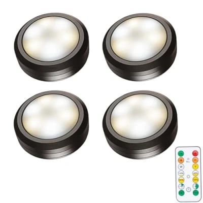 Image of Dzxin Puck Lights with Remote Control, Wireless LED Light for Kitchen,Battery Operated Under Cabinet Lights, Counter Lighting Dimmable, Stick On Closet Black (4pack)