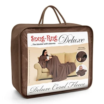 Image of Snug Rug DELUXE Blanket With Sleeves GENUINE SnugRug Sleeved Blankets 260gsm Luxury Cosy Super Soft Coral Fleece Fabric Long Oversized &amp; Pouch Pocket Adults Size (Chocolate Brown)
