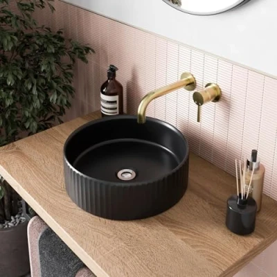 Image of BAYSTONE® Fluted Countertop Basin for Bathroom and Cloakroom Hand Wash Basins Sink Modern Matt Black Round, 360 x 360mm