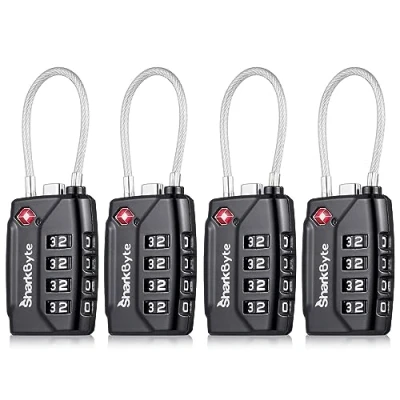Image of SharkByte TSA Approved Suitcase Locks 4 Dial Security Travel Combination Padlock, Flexible Cable Wire Lock for Suitcases, Luggage locks, Case Bag Gym Locker Code Small PadLock (Pack 4)