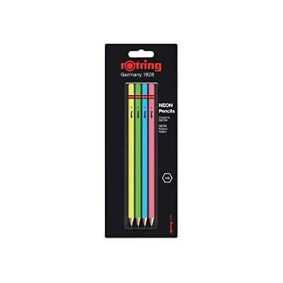 Image of rOtring Set of 4 Wood case Neon Pencils HB : Blue Green, Pink &amp; Yellow