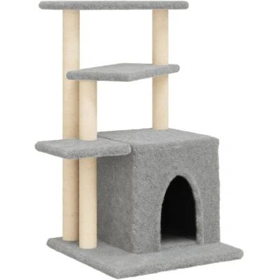 Image of vidaXL Cat Tree Tower with Condo, Sisal Scratching Posts, Multi Level Climbing Structure in Light Grey, Plush and Engineered Wood, Home Pet Furniture