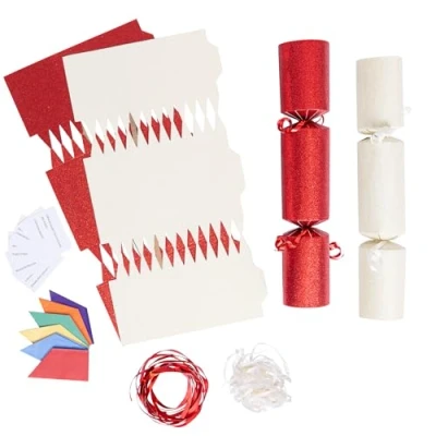 Image of evelay 12 Make Your Own Christmas Cracker Kit DIY Cream &amp; Red Glitter Crackers Hats Snaps Jokes (Cream, Red)