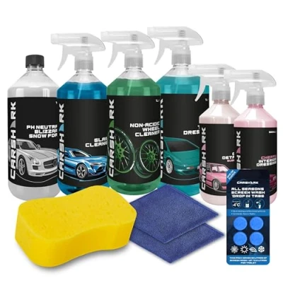 Image of CARSHARK 9 piece Car Cleaning Kit, Snow Foam, Tyre Dressing, Wheel Cleaner, Cherry Interior Bubblegum Quick Detailer, Glass Screenwash Tabs, Sponge, 2 x Microfibre Cloths
