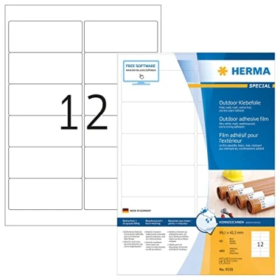 Image of HERMA Self Adhesive Film Labels, 12 Labels per A4 Sheet, 40 Sheets, 99.1 x 42.3 mm, 480 Blank Weatherproof Stickers, Sticky for Laser &amp; Inkjet Printer, White