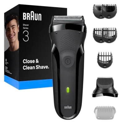 Image of Braun Series 3 Electric Shaver, Flexible Blades, Beard Trimmer Attachment, +5 Combs, Dry Razor for Men, Designed in Germany, 300BT, Grey