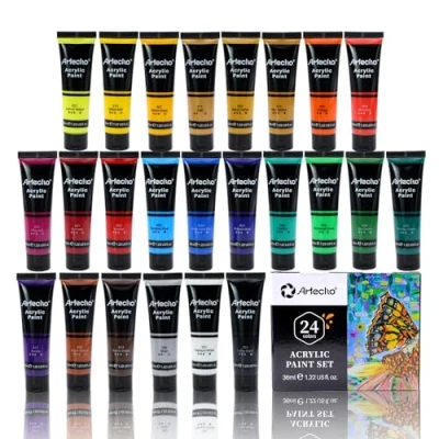 Image of Artecho Acrylic Paint Set for Art, 24 Colors 36ml Basic Supplies Wood, Fabric, Crafts, Canvas, Leather&amp;Stone