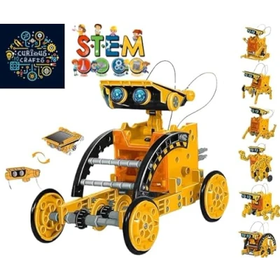 Image of Ultimate STEM Science &amp; Engineering Kit: 12 in Solar Powered Robotics Construction Set Educational DIY Building Toy, Best Kits for Kids Age 8 Yellow
