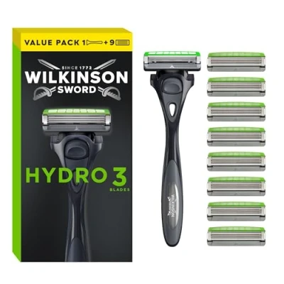 Image of WILKINSON SWORD Hydro 3 Razor For Men, Carbon Coated Blades, Hydrating Gel &amp; Skin Guards, + 8 Blades