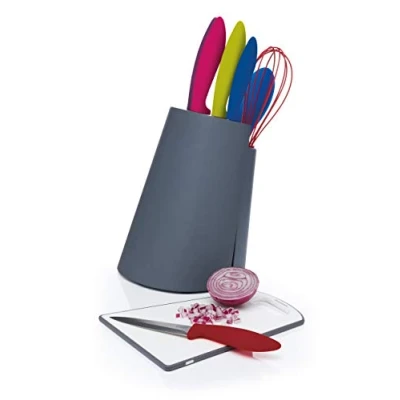 Image of Colourworks 3 in 1 Wooden Knife Block / Plastic Chopping Board Utensil Holder Set &#039;Brights&#039; Colours