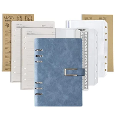Image of DY.2ten Refillable A5 Notebook Set with Cover 6 Hole Loose Leaf PU Binder + 87 Sheets (174 Pages) of Lined Paper 1pcs Zipper Pockets 1 pcs 3 Storing Bag
