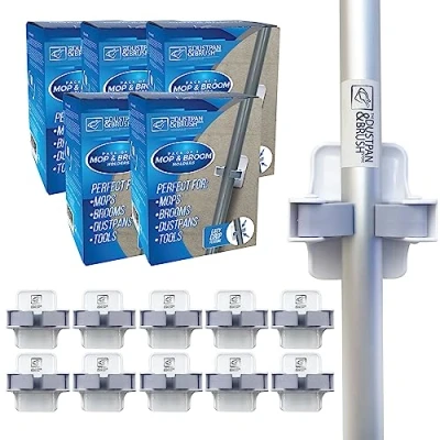 Image of Wall Mop Broom Holder (10 Holders) and Mounted Brush Self Adhesive for Easy Storage of Mops, Broom, Dustpans Tools Gripper