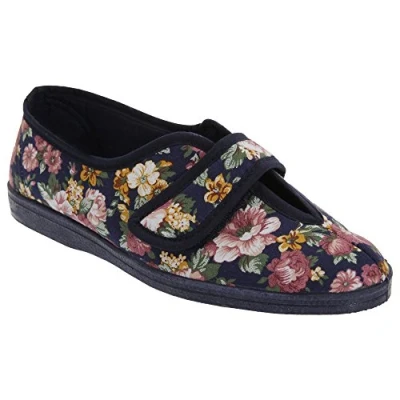 Image of Sleepers Womens/Ladies Wilma Touch Fastening V Opening Floral Casual Cotton Slippers (9 UK) (Navy Blue)