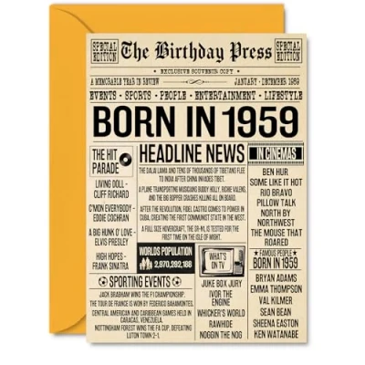 Image of 65th Birthday Cards for Women Men Born In 1959 Newspaper Happy 65 Card Grandma Grandad Nan Vintage Retro Back 1959, A5 Sixty Five Fifth Bday Greeting