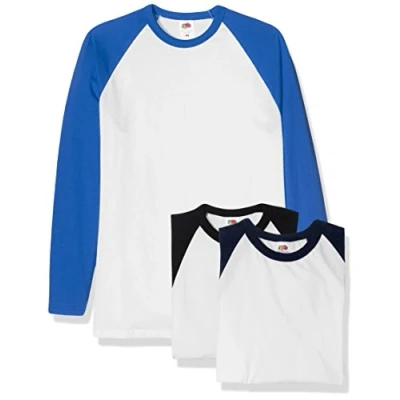 Image of Fruit of the Loom Men&#039;s Baseball Classic Long Sleeve T Shirt Pack 3, White Black/White Navy/White Royal Blue, XX Large