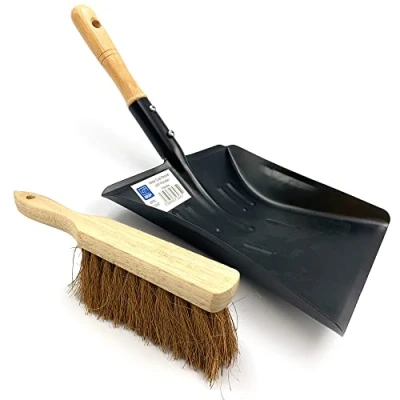 Image of Strong Metal Coal Shovel and Brush Set 9 Inch Wide Dust Ash Pan with Soft Hand Fireside Large Garden Dustpan or Scoop to Easily Collect Coal, Ashes, Dust, Wastes