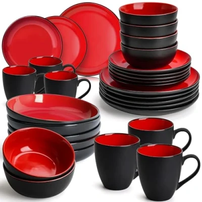 Image of MIAMIO 30 Piece, Service for 6 Dishware Set/Stoneware Dinnerware Set Including Plates, Bowls and Mugs Microwave &amp; Dishwasher Safe Le Papillon Collection (Red)
