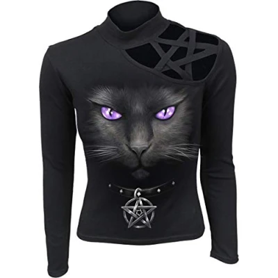 Image of Spiral Black Cat Pentagram Shoulder Longsleeve Top XL