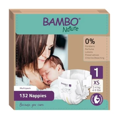 Image of Bambo Nature Premium Eco Nappies, Labelled Newborn Enhanced Leakage Protection, Secure &amp; Comfortable Baby Essentials Size 1 Nappies (4 9 lb/2 4 kg), 132PK