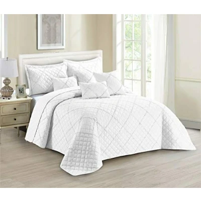 Image of Luxury Quilted Solid Colour Bedspread Ruffle Embossed Comforter with Pillow Case Bedding Set (White, Super King)
