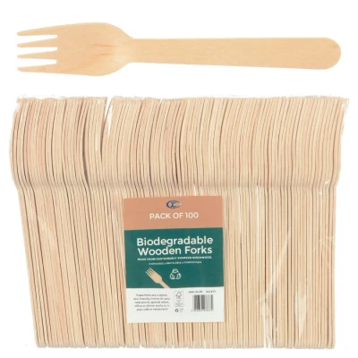 Image of Pack of 500 Disposable Wooden Cutlery Party Picnic Tableware Eco Friendly Fork