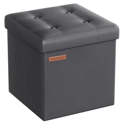 Image of SONGMICS 38 cm Storage Ottoman, Folding Bench with Lid, Cube Footstool, Synthetic Leather, 300 kg Load Capacity, for Entryway, Living Room, Bedroom, Slate Grey LSF030G51