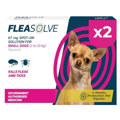 Image of FleaSolve x 2 PIPETTES Flea &amp; Tick Treatment for Dogs 10 kg Spot On and Small Puppies DOSES