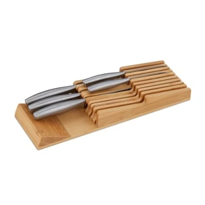 Image of Relaxdays Knife Holder Drawer for 9 Knives and Sharpening Steel, Bamboo Block Lying Down H x W D: 5.5 13 40 cm, Natural