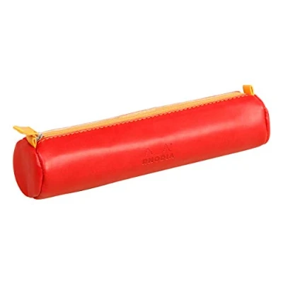 Image of RHODIA 318993C Rhodiarama Poppy Round Pencil Case 21.5 x 5.5 cm Genuine Orange Stitching Ivory Jersey Interior Faux Leather Storage for Pens, Pencils, Markers, Small Supplies