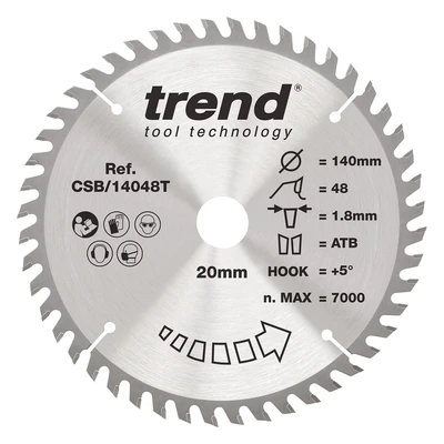 Image of Trend Wood Cordless Circular Saw Blade, 140mm Diameter, 20mm Bore, 48 Teeth, 1.8mm Kerf, +5 Hook, TCT, Fine Finish, CSB/14048T