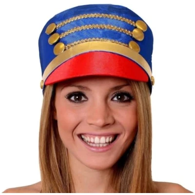Image of LADIES MAJORETTE HAT TALL BLUE WITH RED BRIM AND GOLD DETAILING ADULTS TOY SOLDIER BUTTONS NUT CRACKER CHEERLEADER FANCY DRESS ACCESSORY (ONE SIZE)