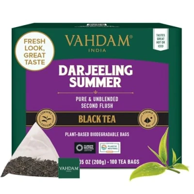 Image of VAHDAM, Darjeeling Black Tea Bags (100 Count) High Caffeine, Non GMO, Gluten Free Smooth &amp; Sweet With Distinguished Fruity Notes Full Bodied