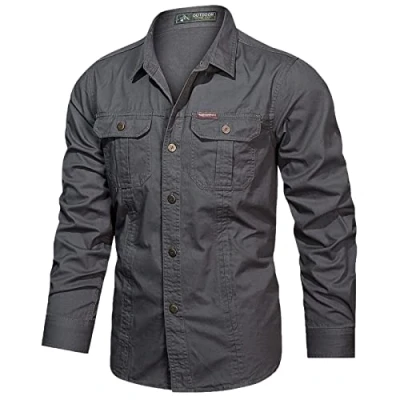 Image of Mens Long Sleeve Cargo Shirts Regular Fit Button Down Cotton Outdoor Fishing Construction Work with Pockets,Grey,Large