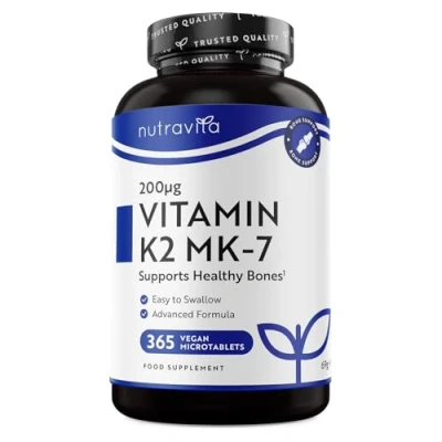 Image of Vitamin K2 MK 7 200mcg 1 Year Supply 365 Vegan Micro Tablets (Not Capsules) Supports Maintenance of Normal Bones High Strength Menaquinone MK7 Made in The UK by Nutravita