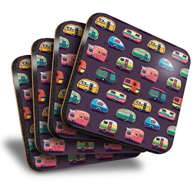 Image of Destination Vinyl ltd Great Coasters (Set of 4) Square Caravans Caravan Camping Drink Glossy Coasters/Tabletop Protection for Any Table Type #3172