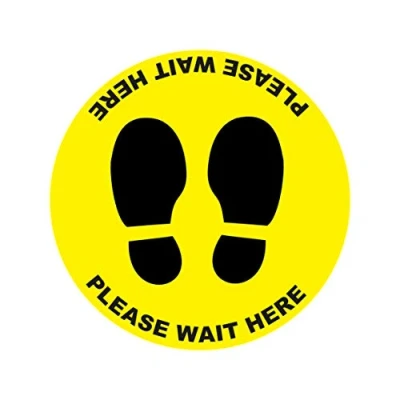 Image of 4 x please wait here social distancing landscape floor safety sign self adhesive vinyl weather proof label sticker 15cm (SC 24)