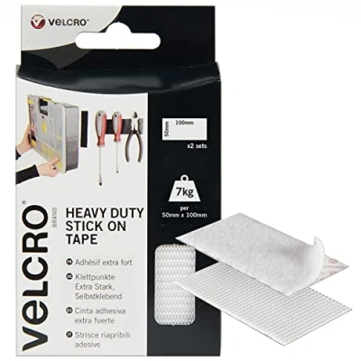 Image of VELCRO Brand 2pk Heavy Duty White Stick On Strips 50mm x 100mm, Hook And Loop Tape Self Adhesive Strips, Industrial Extra Strong Double Sided Sticky Pads Perfect for Home, Office &amp; Garage