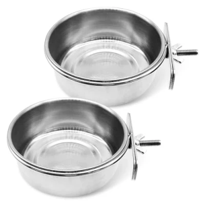 Image of 2 Pack Bird Feeding Dish Cups, Parrot Food Bowl Clamp Holder Stainless Steel Coop Cup, Cage Water for Parakeet African Greys Conure Cockatiels Lovebird Budgie Chinchilla
