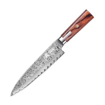 Image of MITSUMOTO SAKARI Japanese Chef Knife, 7 inch Professional Gyuto Kitchen Hand Forged Damascus Knife (Pakkawood Handle and Sandalwood Box)