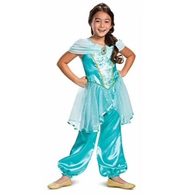 Image of Disney Official Deluxe Princess Jasmine Costume Kids, Aladdin Dress Up for Girls Fancy Outfit, Arabian Costume, World Book Day S