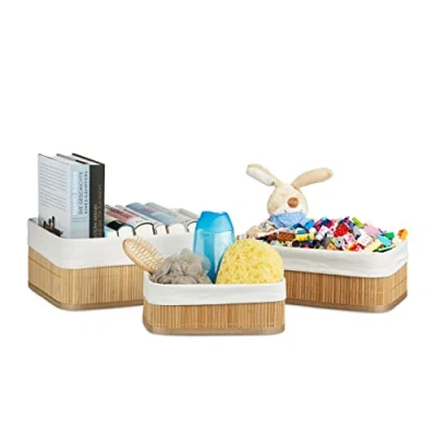 Image of Relaxdays Bamboo Set of Shelf Baskets, 12.5 x 32 22 cm, Rectangular, 3 Storage Bins, for Closets and Shelves, Brown