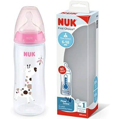 Image of NUK First Choice+ Flow Control Bottle 6 18 Months Temperature Silicone Nipple Anti Colic Valve BPA Free 360 ml Pink 1 Unit