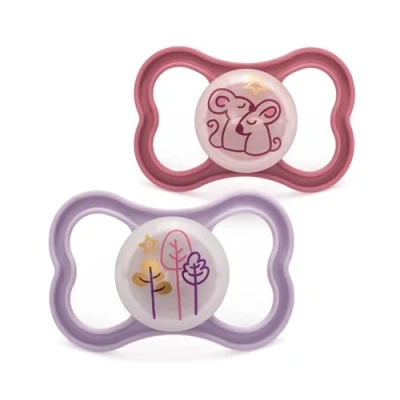 Image of MAM Air Night Soothers 6 Months+ (Pack of 2), Glow in The Dark Baby with Self Sterilising Travel Case, Newborn Essentials, Pink, (Designs May Vary)