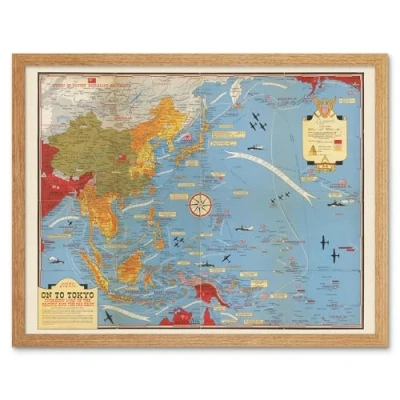 Image of Artery8 Map Turner 1944 War WWII On To Tokyo Pacific Art Print Framed Poster Wall Decor 12x16 inch