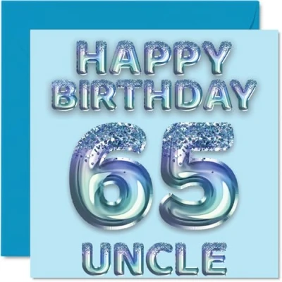 Image of 65th Birthday Card for Uncle Blue Glitter Party Balloons Happy Cards 65 Year Old from Nephew Niece, 145mm x Bday Greeting Gift